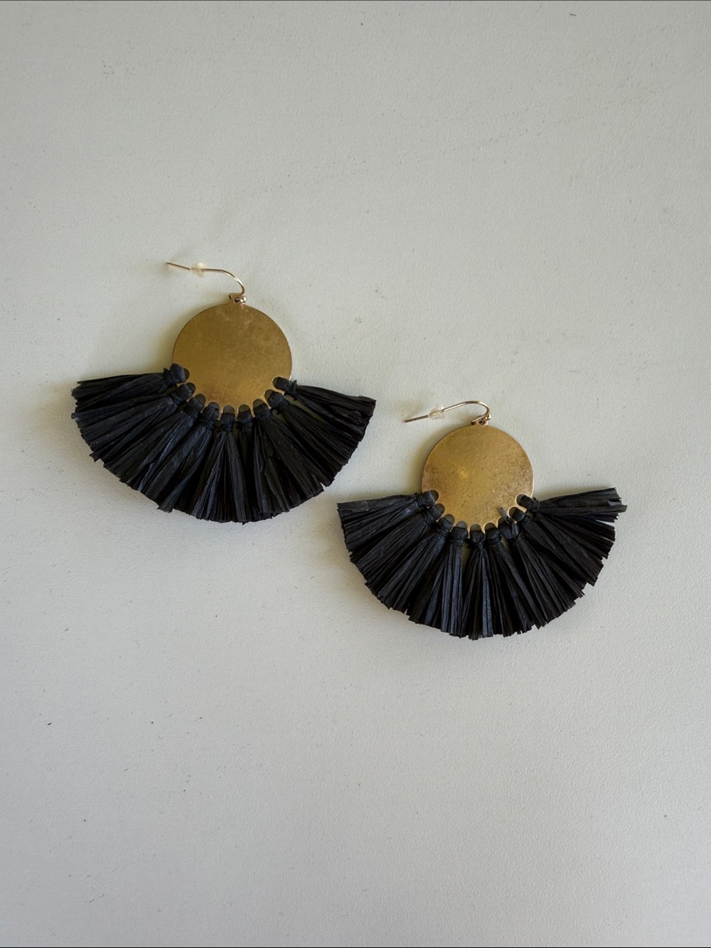 Black Raffia Fan Drop Earrings with Gold Discs